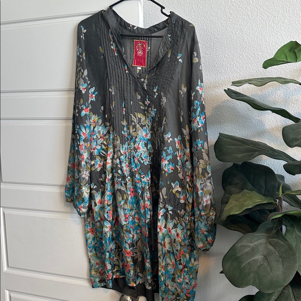 Johnny Was Grey and Blue Floral Midi Dress